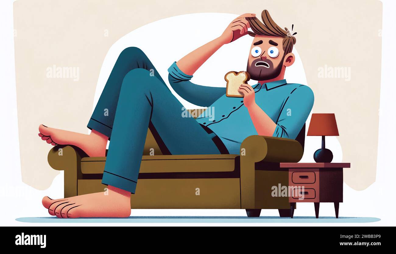 L'immagine mostra un uomo completamente sopraffatto nel suo ufficio domestico, che tiene in mano una fetta di brindisi. Illustrazione Vettoriale