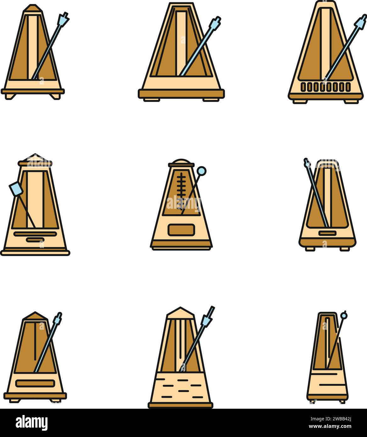 Set di icone dei battiti metronomi. Set di contorni delle icone dei vettori di battito del metronomo, linea sottile, colore uniforme su bianco Illustrazione Vettoriale