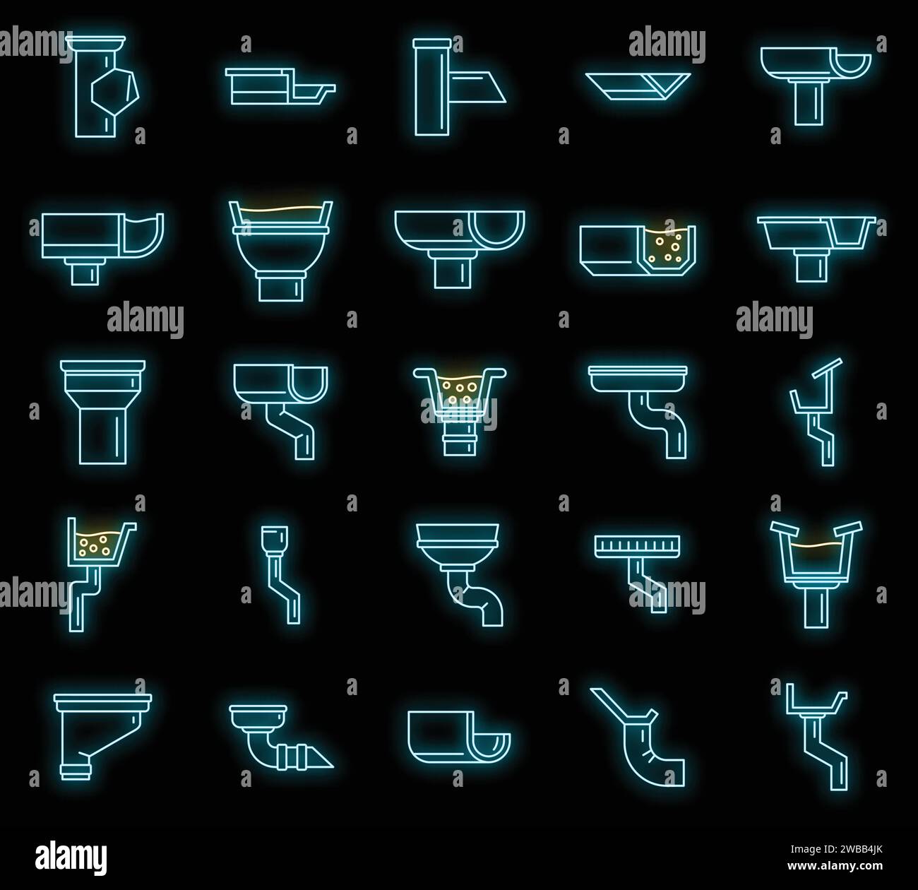 Set di icone di drenaggio dei gocciolatoi. Delinea il set di icone vettoriali di drenaggio dei gocciolatoi colore neon sul nero Illustrazione Vettoriale