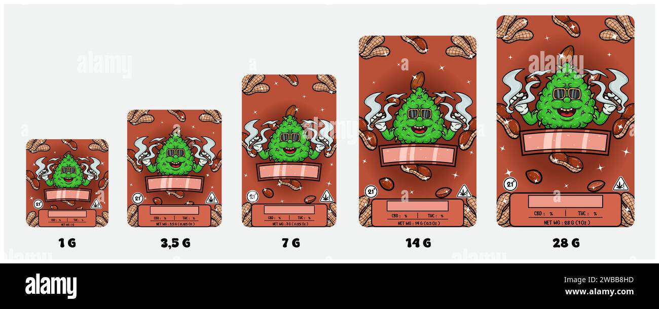 Ceppi di nocciole e erba con fumatore di Mascot Cartoon. Set di coperture per confezione prodotto con 1G, 3, 5G, 7G, 14G e 28G. Dimensioni scalabili senza perdere Illustrazione Vettoriale
