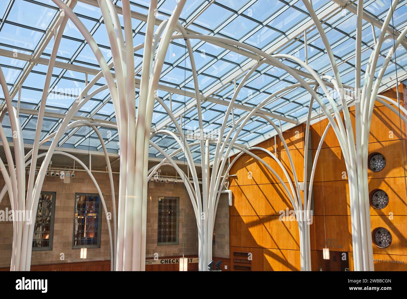 Interni moderni della biblioteca con soffitto in vetro e design organico Foto Stock