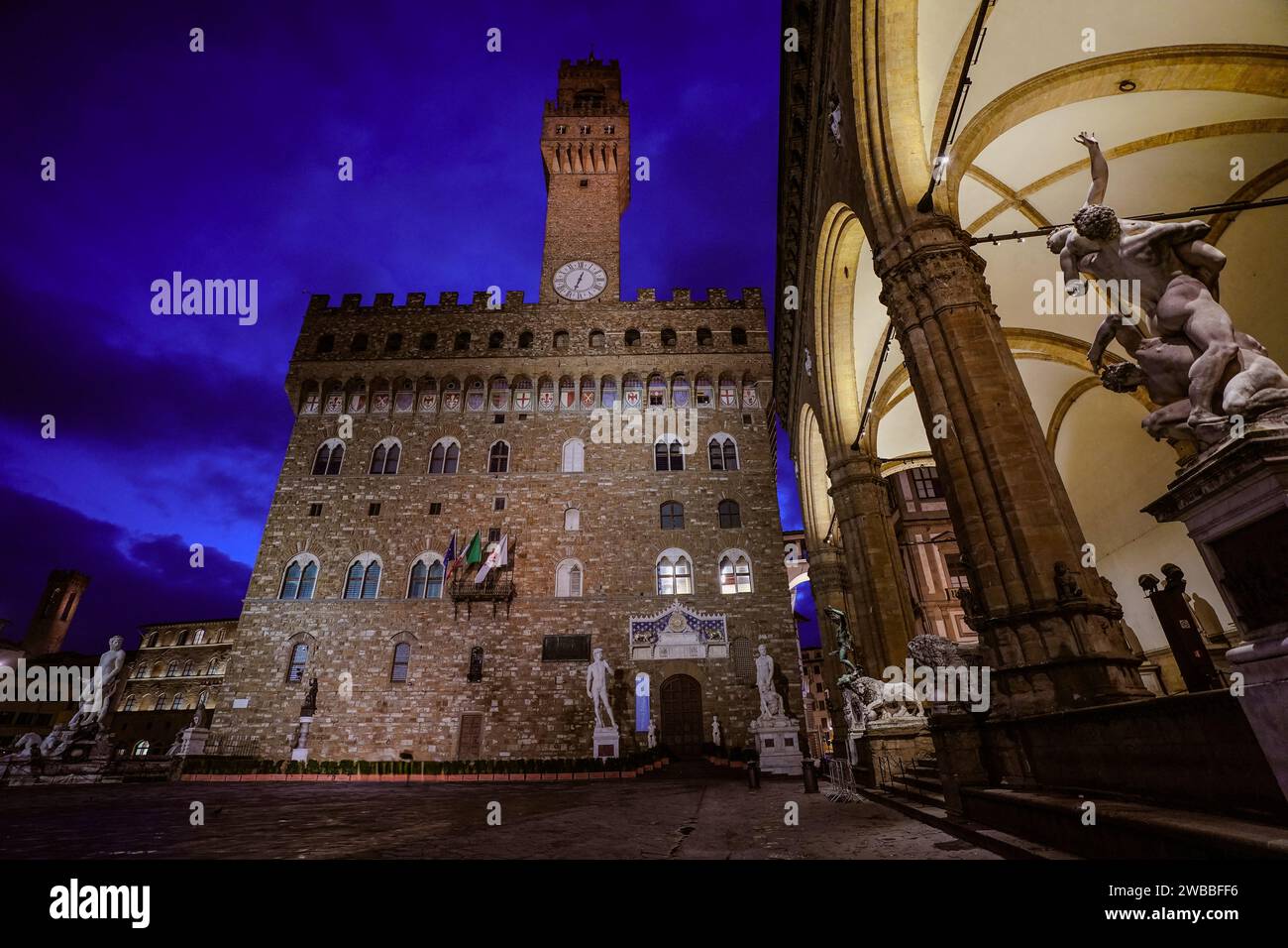 Piazza della Signoria a Firenze, Italia di notte Foto Stock