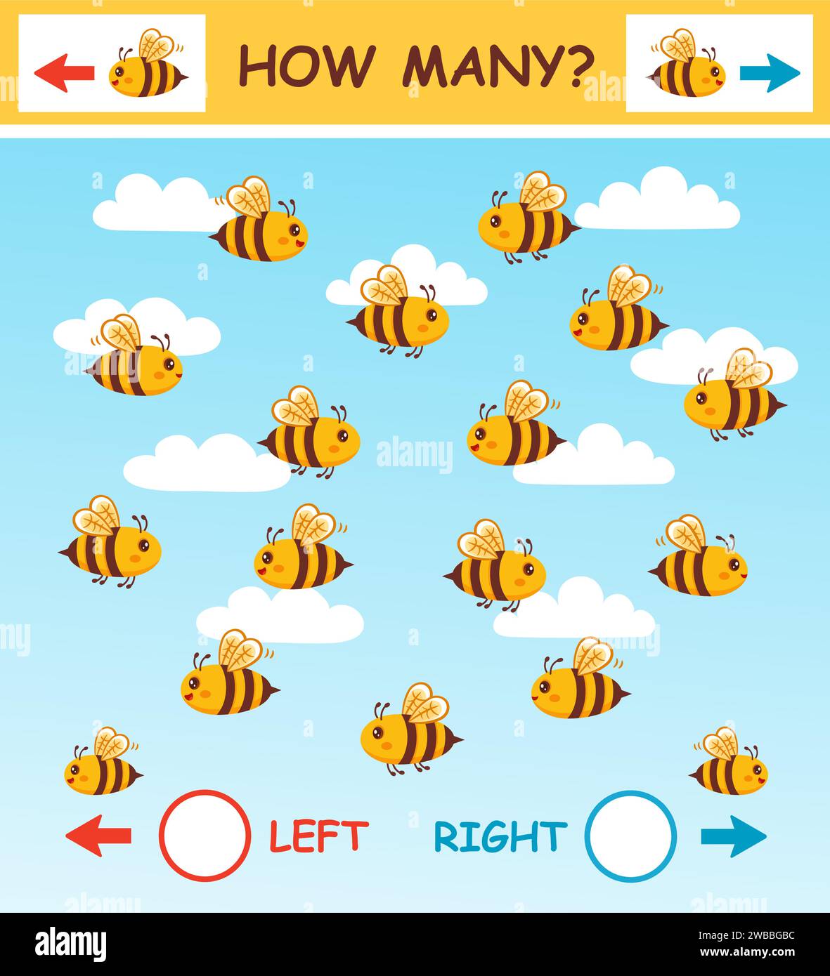Quante api mellifere volano a sinistra, a destra, matematica bambini educazione puzzle gioco. Matematica che conta le api. I bambini imparano un compito logico. Vettore Illustrazione Vettoriale
