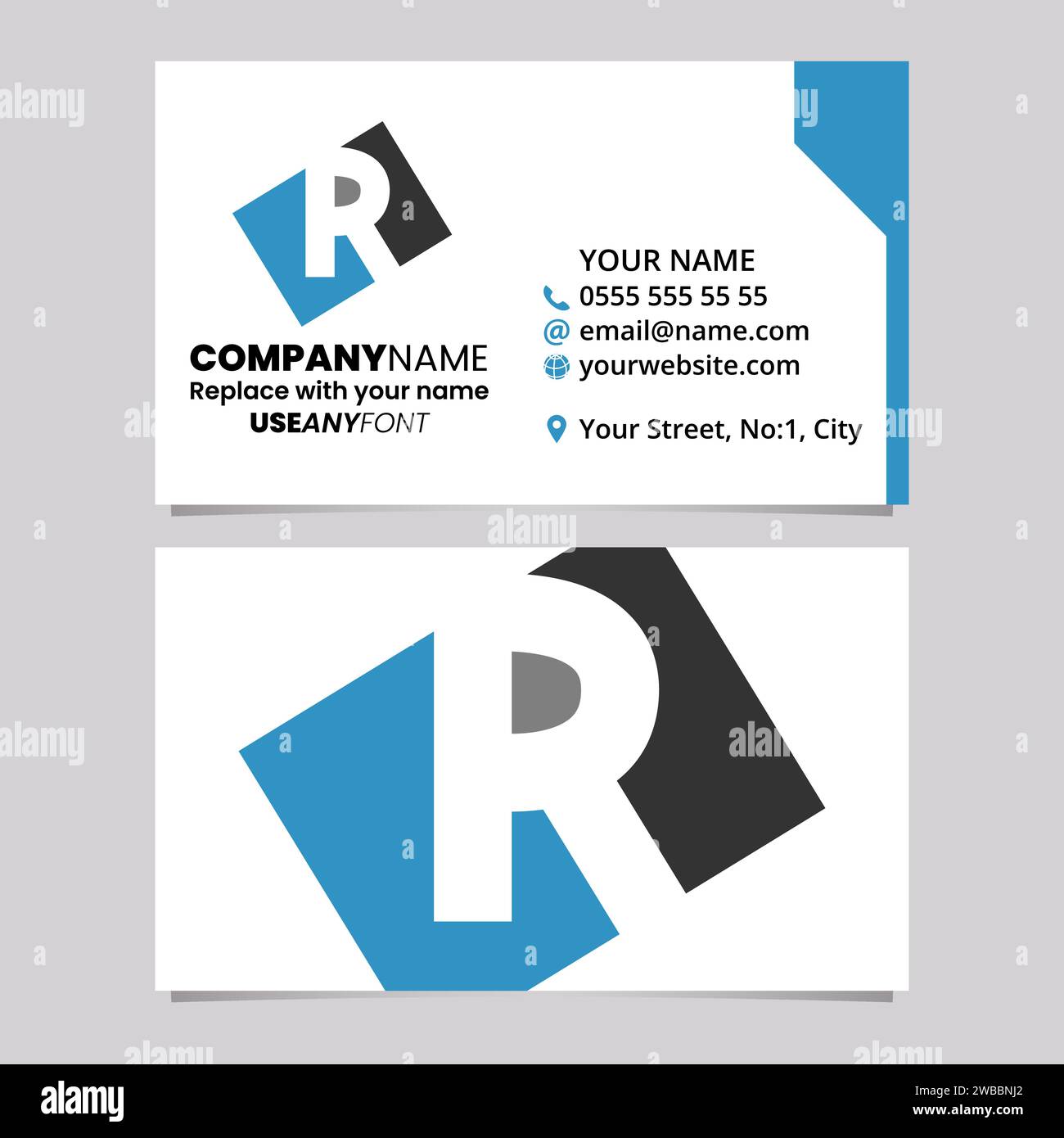 Modello di biglietto da visita blu e nero con icona del logo Letter R a forma di rettangolo su sfondo grigio chiaro Illustrazione Vettoriale