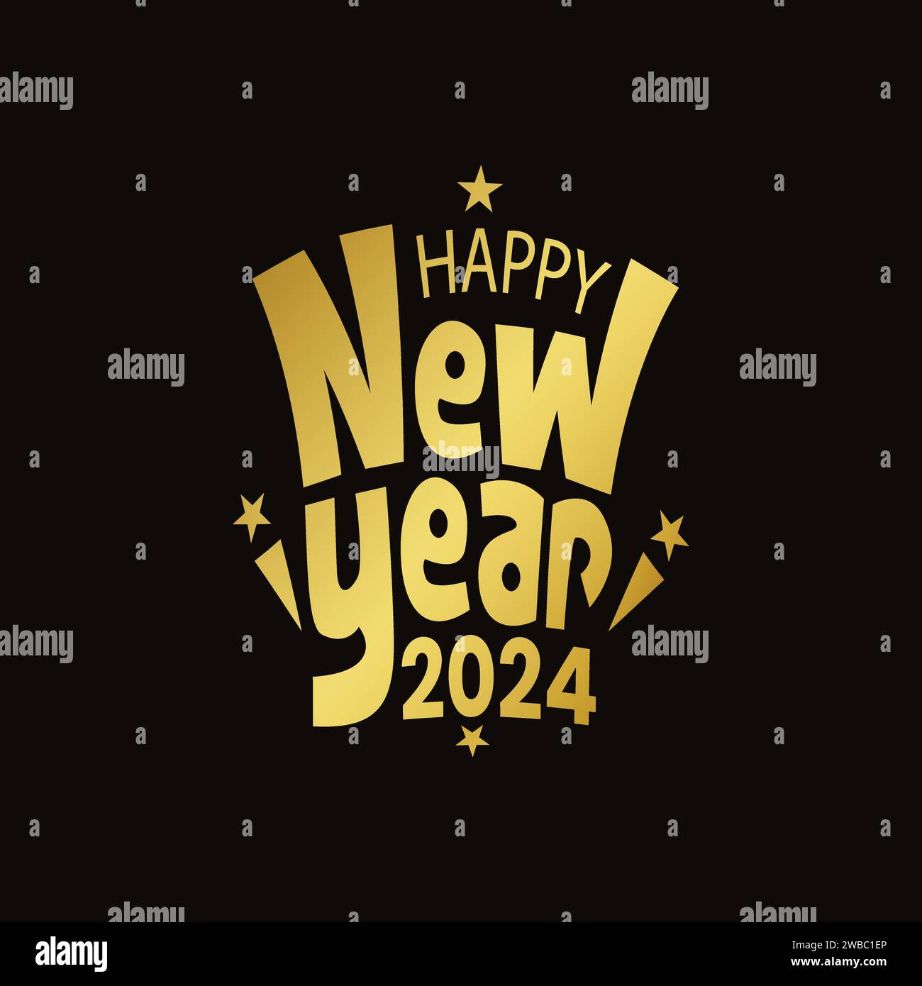 Buon anno nuovo design tipografico color oro su sfondo nero. Design tipografico personalizzato con felice anno nuovo 2024. Banner per festeggiare il nuovo anno Illustrazione Vettoriale