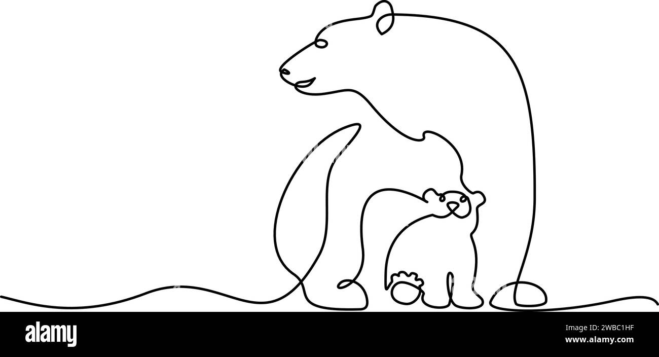 Disegno continuo su una linea. Orso polare con cucciolo Illustrazione Vettoriale