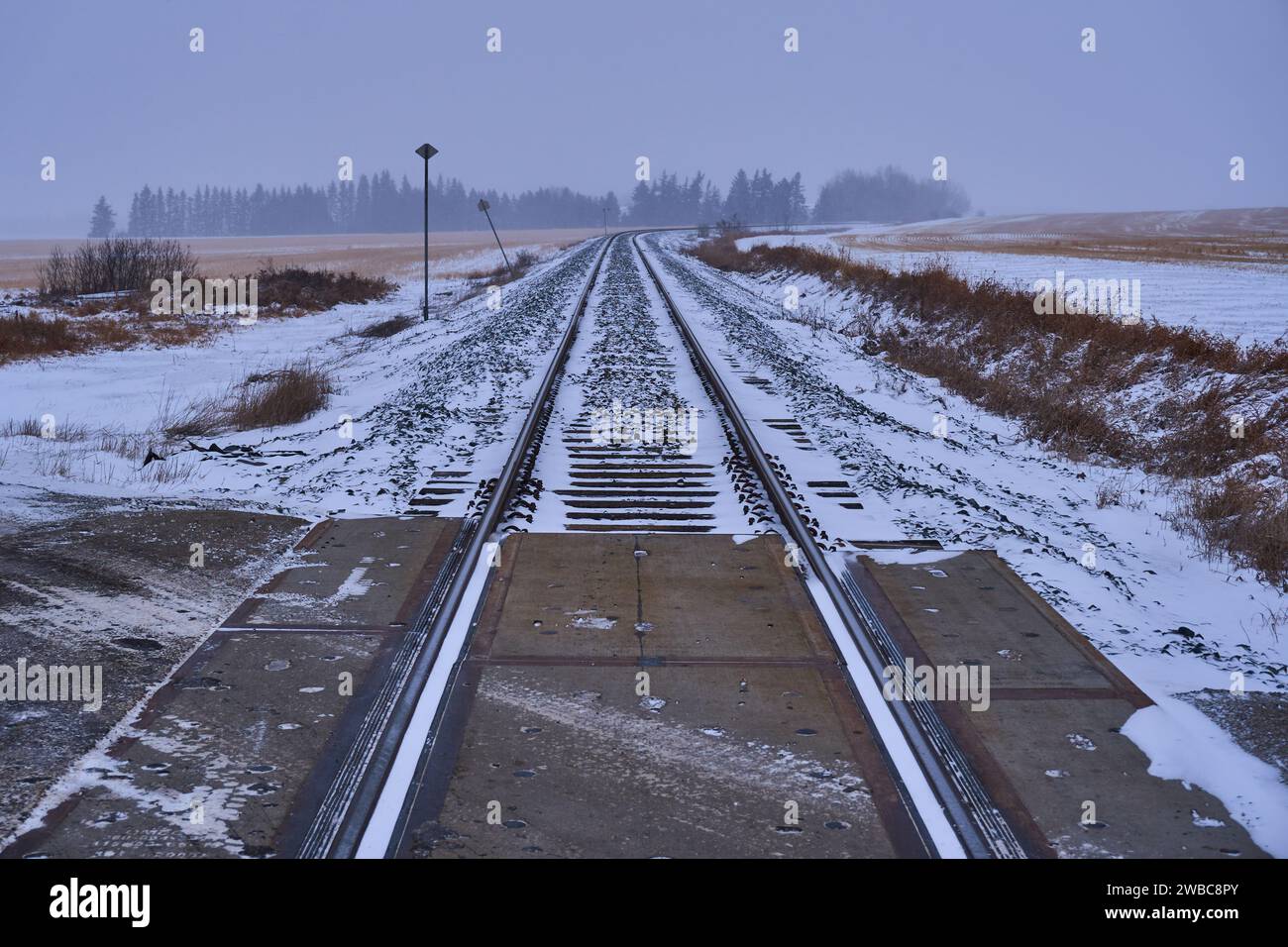 Un'accattivante sessione fotografica invernale su una ferrovia Foto Stock