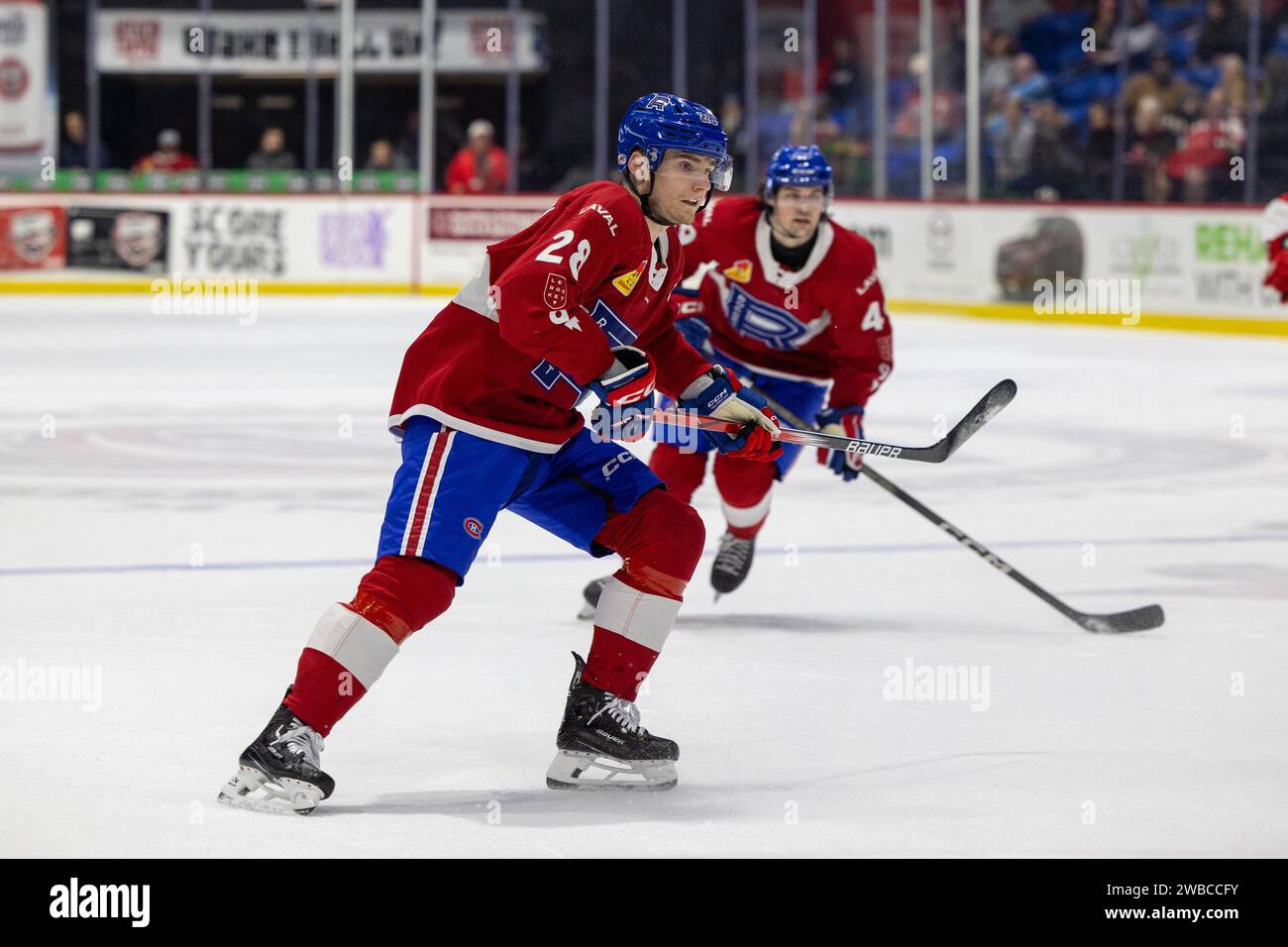 7 gennaio 2024: L'attaccante di Laval Rocket Lias Andersson (28) pattina nel primo periodo contro gli Utica Comets. Gli Utica Comets ospitarono i Laval Rocket in una partita della American Hockey League all'Adirondack Bank Center di Utica, New York. (Jonathan Tenca/CSM) Foto Stock