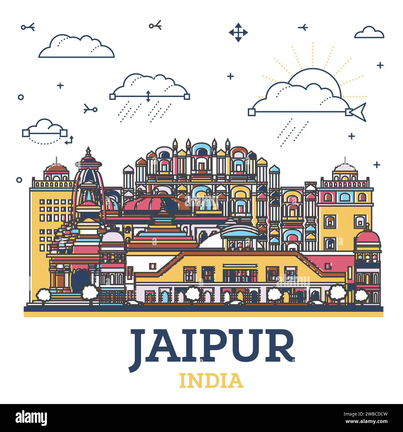 Profilo Jaipur India City Skyline con edifici storici colorati isolati su bianco. Illustrazione vettoriale. Jaipur paesaggio urbano con punti di riferimento. Illustrazione Vettoriale