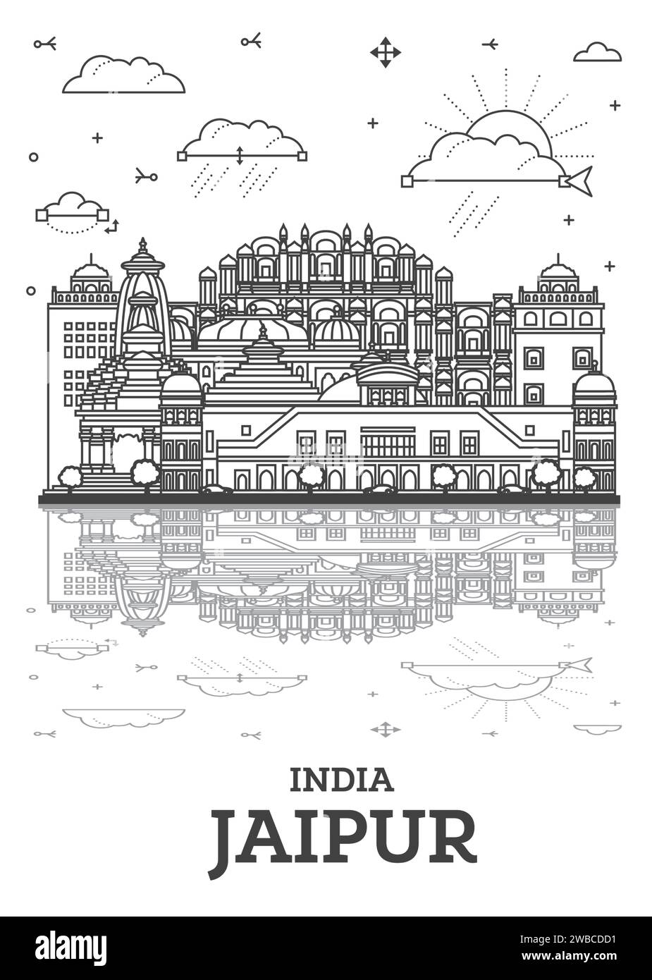Delinea lo skyline di Jaipur India City con edifici storici e riflessi isolati su bianco. Illustrazione vettoriale. Paesaggio urbano di Jaipur con monumenti storici. Illustrazione Vettoriale