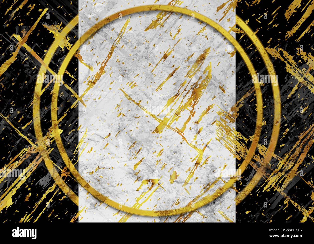 Struttura geometrica astratta in marmo grunge nero, bianco e dorato sfondo con cerchi. Progettazione vettoriale Illustrazione Vettoriale