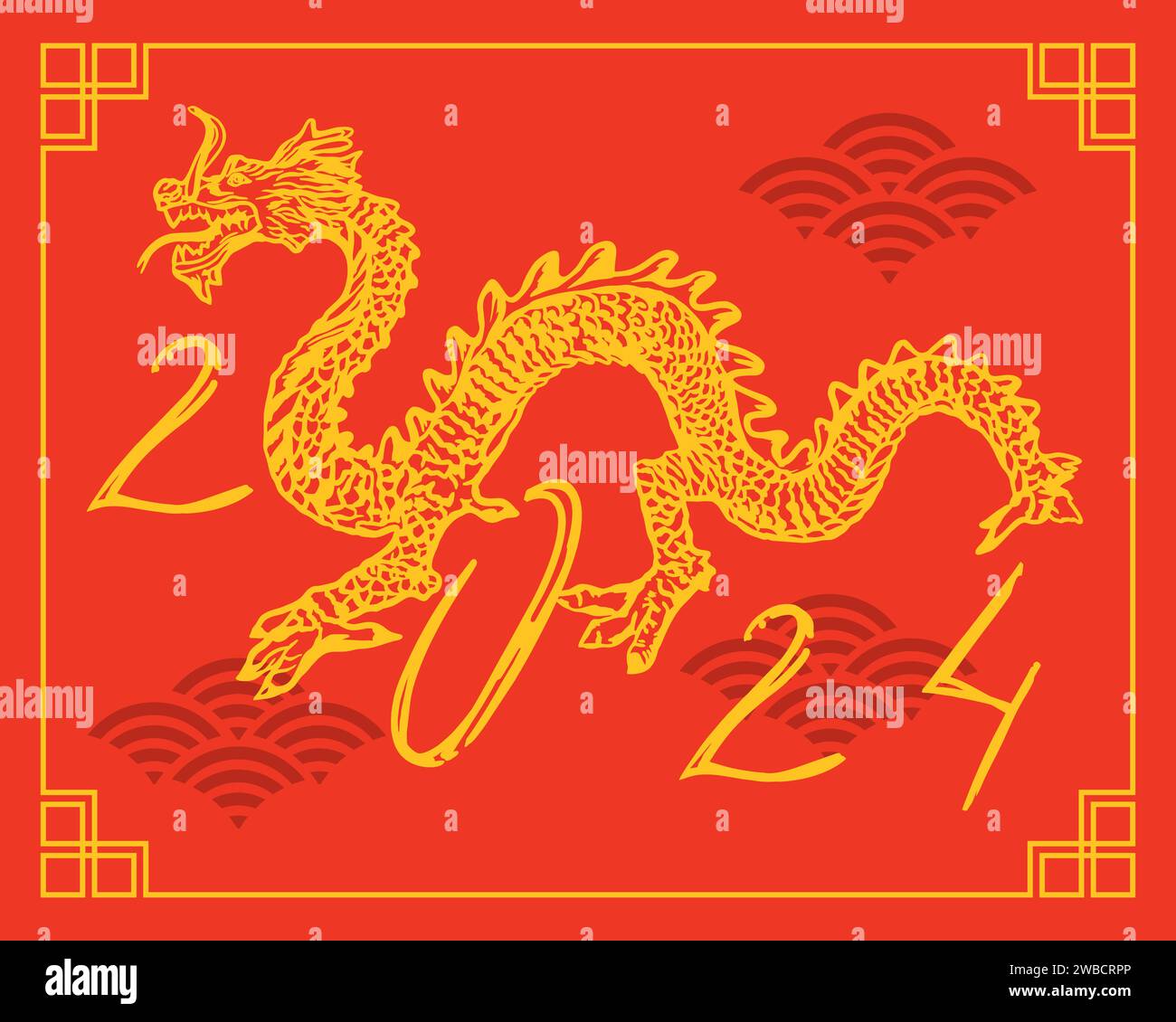 Vettore di drago cinese. Capodanno cinese 2024, su sfondo rosso. Biglietti d'auguri tradizionali, inviti, striscioni grandi, poster, confezione regalo. Illustrazione Vettoriale