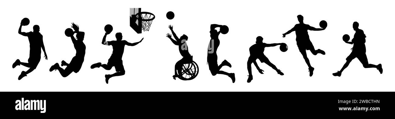 Silhouette di giocatori di basket Vector su bianco Illustrazione Vettoriale
