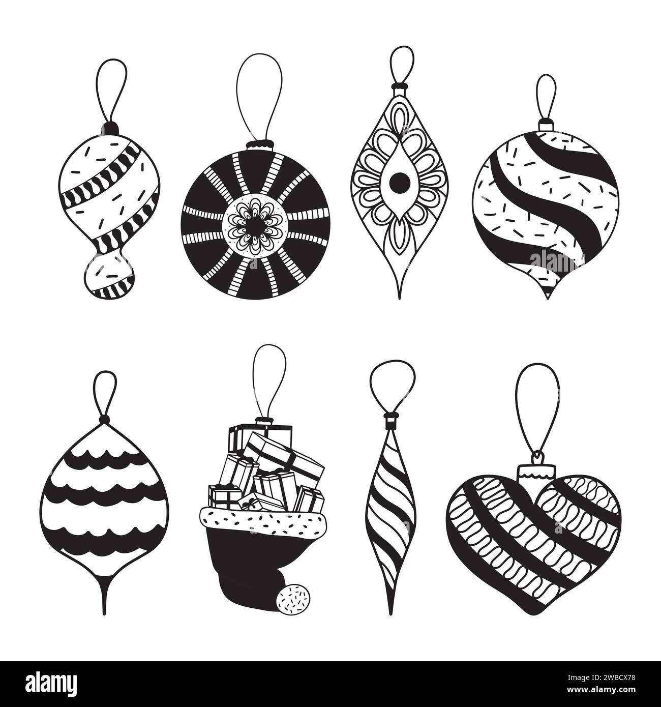 Accessori invernali. Giocattoli in vetro dell'albero di Natale in stile doodle Illustrazione Vettoriale