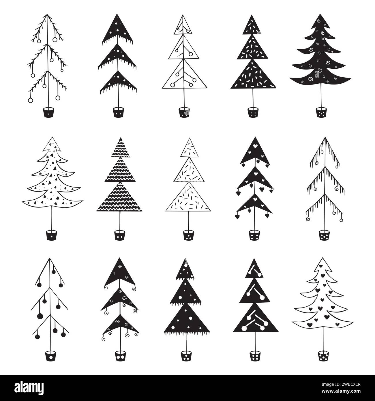 Accessori invernali. Alberi di Natale in stile Doodle Illustrazione Vettoriale