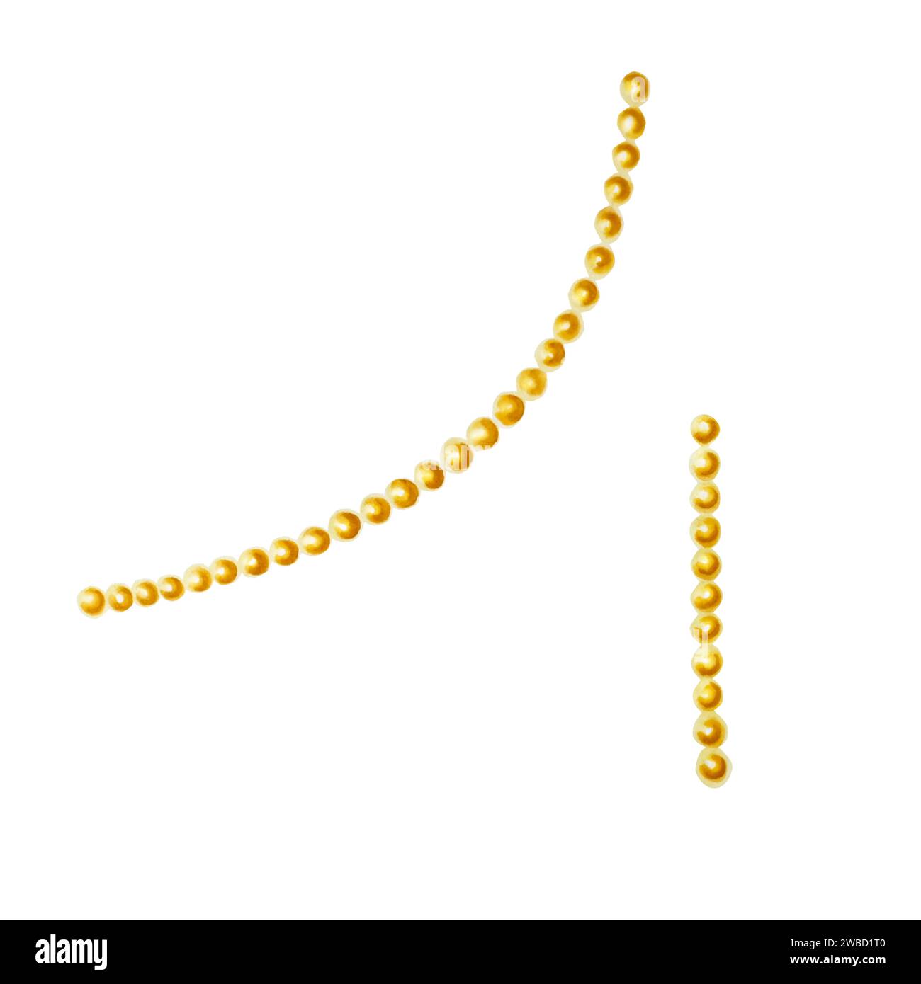 Illustrazione di perline dorate appese ad acquerello isolate su sfondo bianco. La catena disegnata a mano con realistiche sfere metalliche lucide si blocca arbitrariamente. Foto Stock