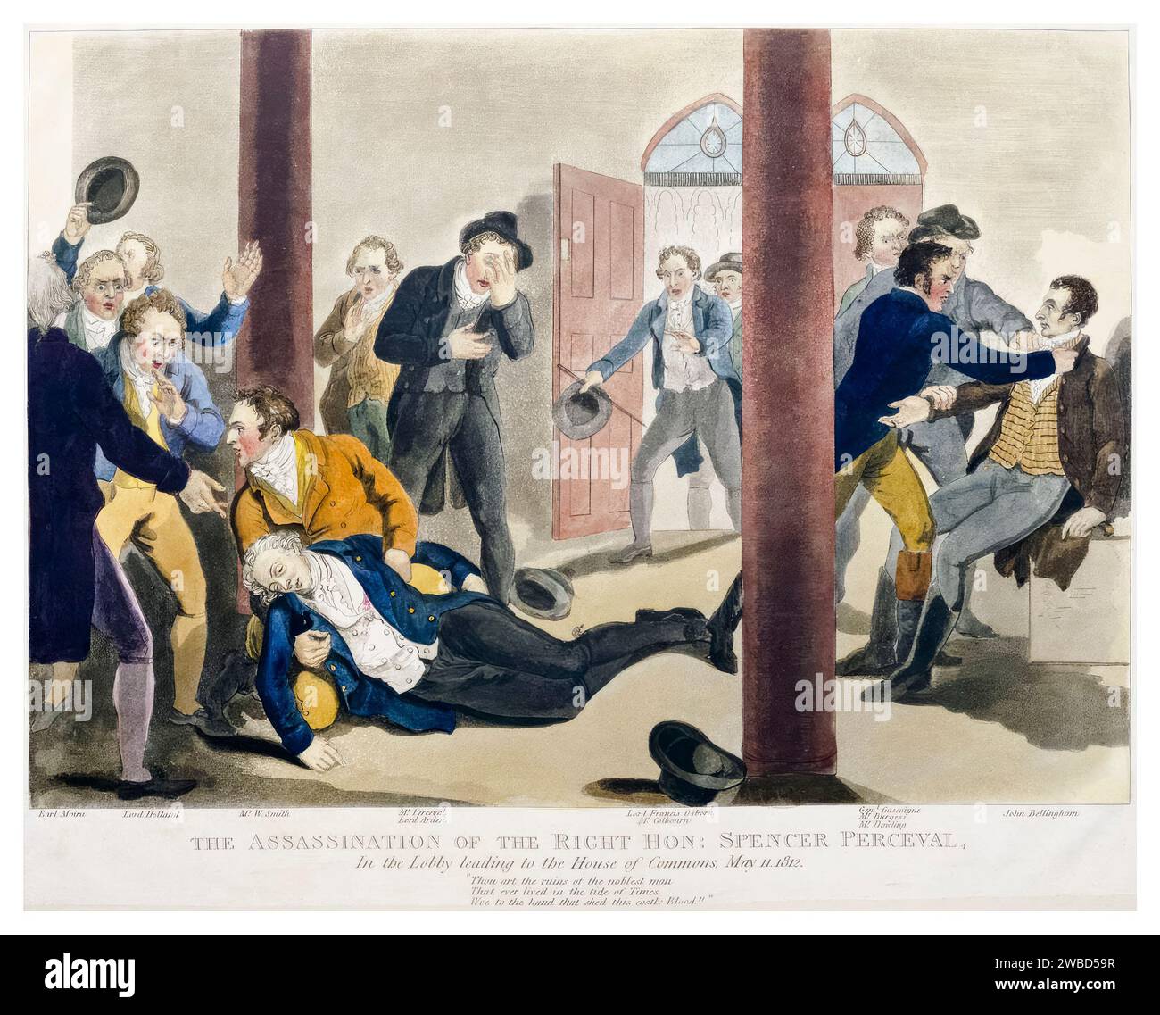 Il primo ministro britannico Spencer Perceval (1762-1812) viene assassinato da John Bellingham nella lobby della camera dei comuni l'11 maggio 1812, stampa colorata a mano di John Heaviside Clark, 1812 Foto Stock