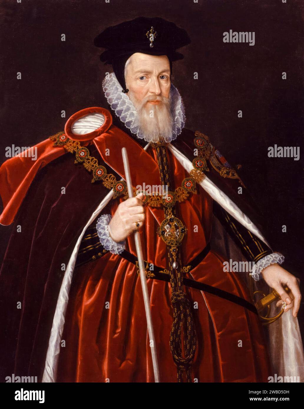 William Cecil, i barone Burghley, Lord Burghley (1520-1598), statista inglese, consigliere capo della regina Elisabetta i, ritratto dipinto ad olio su tavola di Marcus Gheeraerts il giovane (attribuito), dopo il 1585 Foto Stock