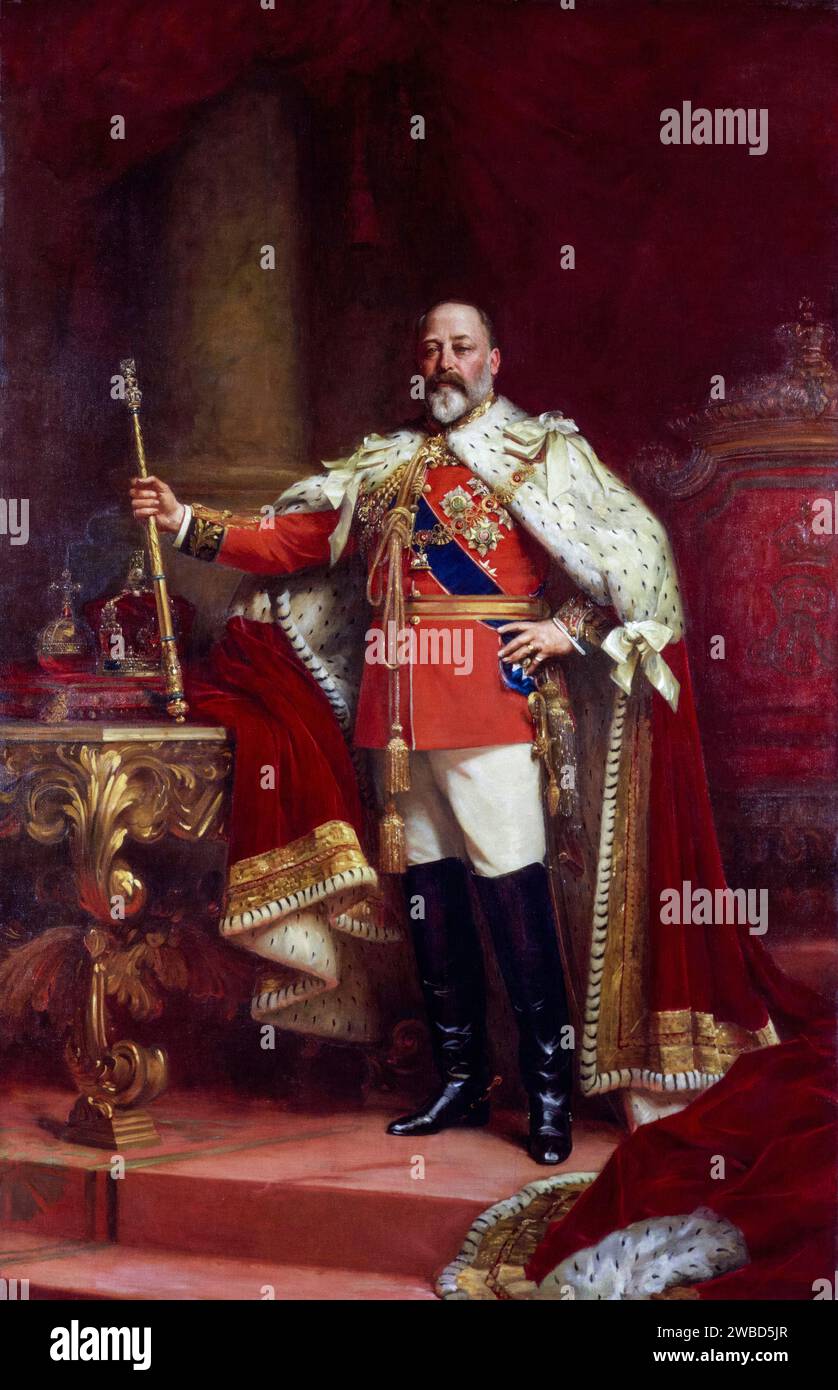 Re Edoardo VII del Regno Unito (1841-1910), in Coronation Robes, ritratto dipinto ad olio su tela di Sir Samuel Luke Fildes, 1902-1912 Foto Stock