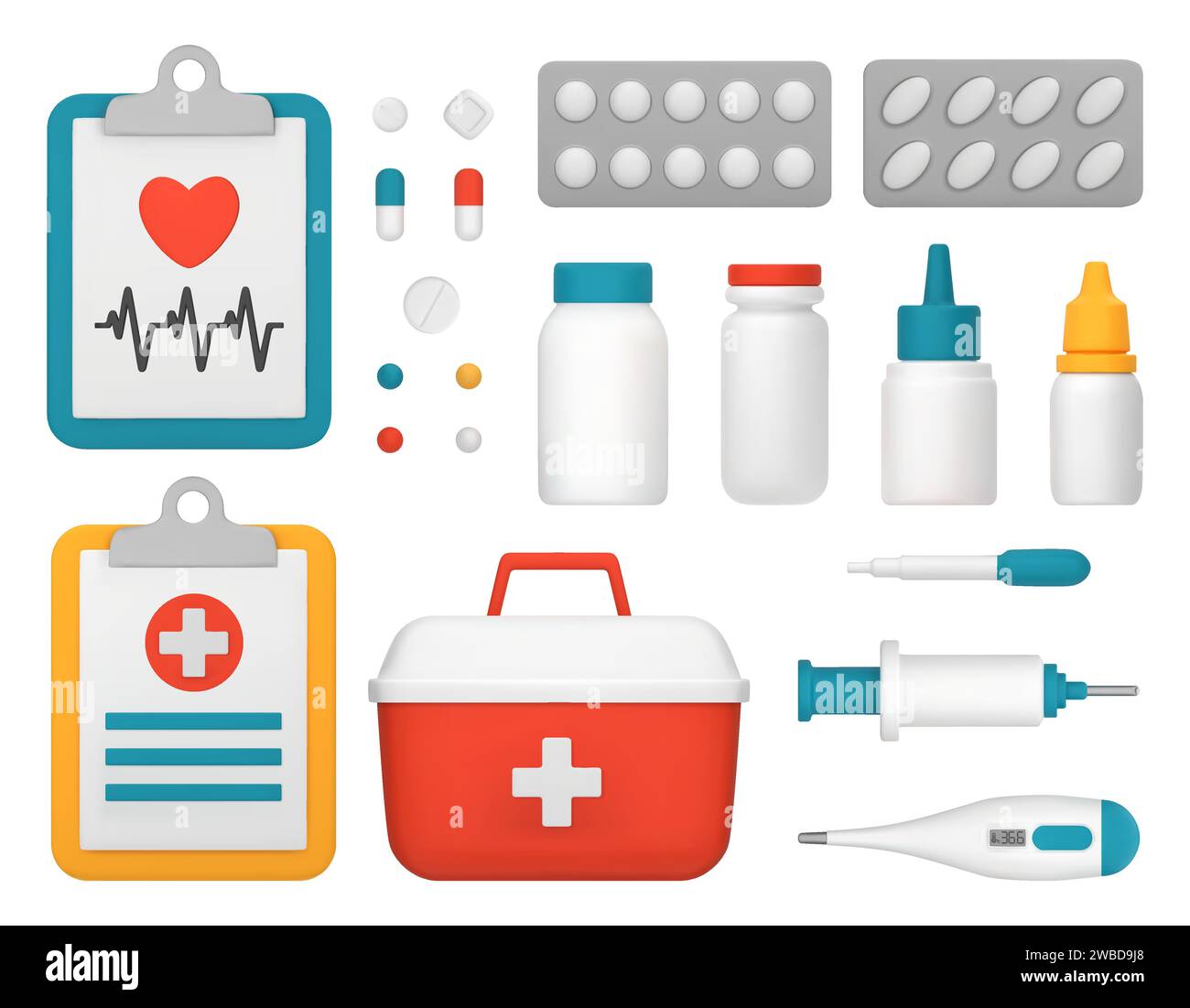 Un kit di pronto soccorso con materiale medico. Set di articoli medici, termometro, siringa, pipetta, compresse. Illustrazione vettoriale 3D isolata su sfondo bianco Illustrazione Vettoriale