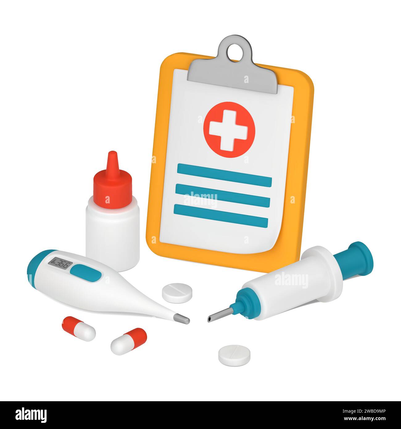 Un Clipboard con una Croce Rossa. Apparecchiature mediche, termometro, siringa, compresse, capsule. Illustrazione vettoriale 3D isolata su sfondo bianco. Illustrazione Vettoriale