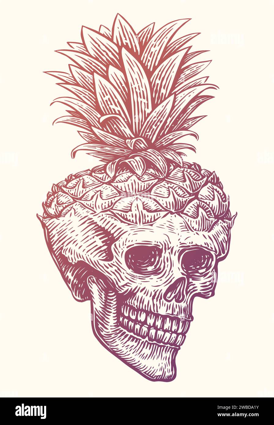 Ananas cranio umano. Illustrazione vettoriale di schizzi vintage disegnata a mano Illustrazione Vettoriale
