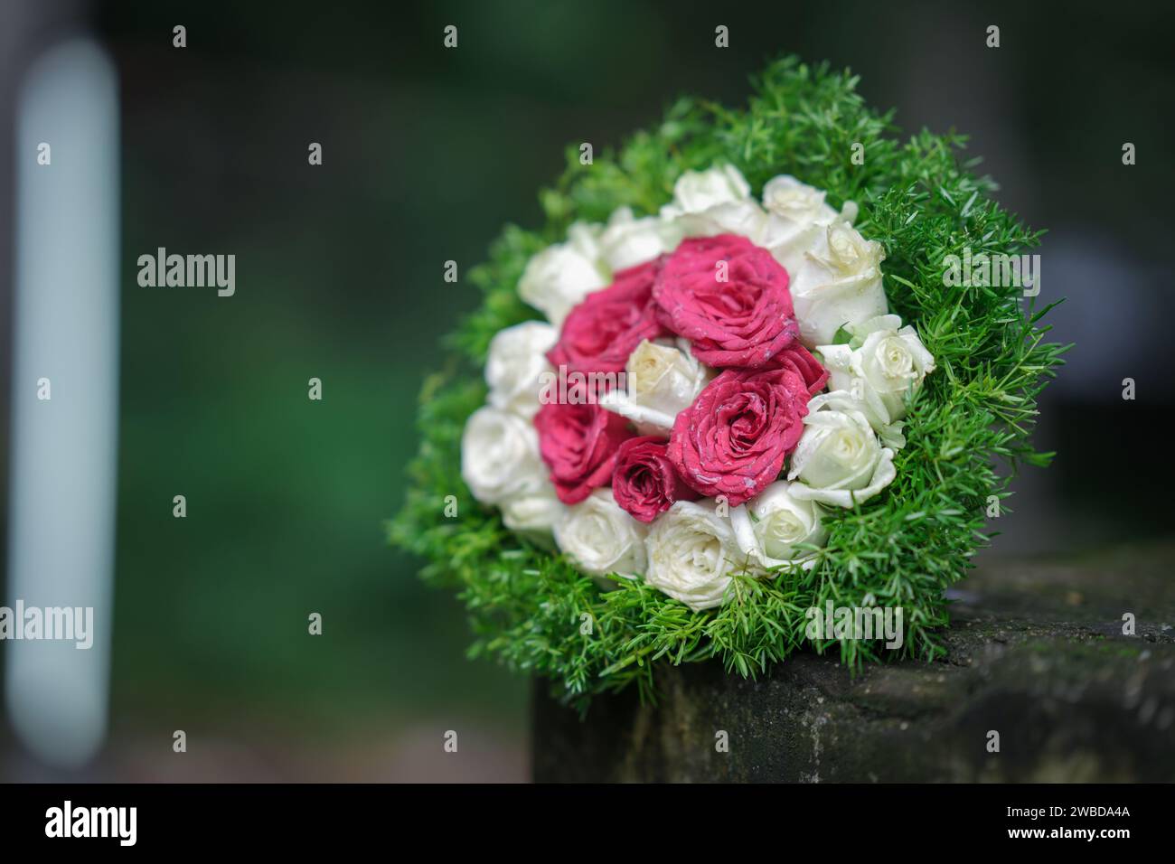 Bouquet di fiori con rosa bianca e rossa Foto Stock