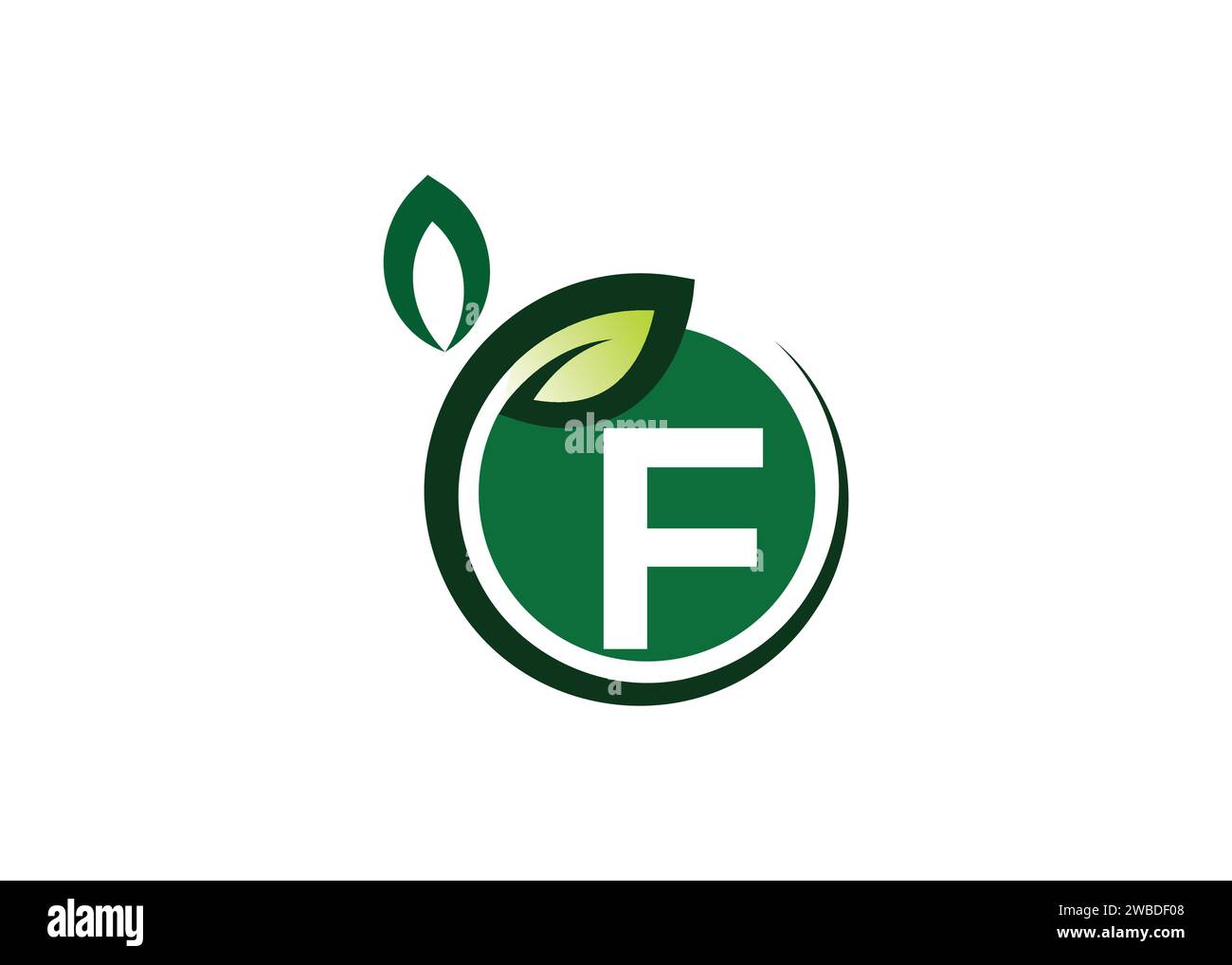 Modello vettoriale di design con logo a foglia verde lettera F. Illustrazione Vettoriale