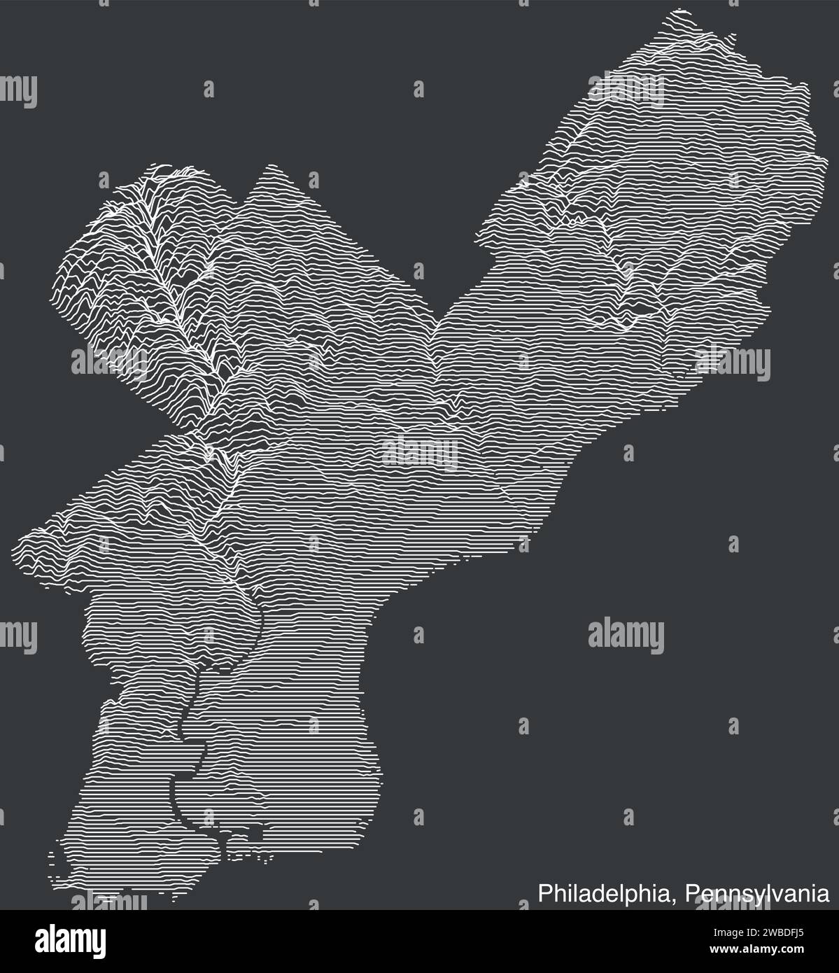 Mappa topografica esagerata di rilievo di PHILADELPHIA, PENNSYLVANIA Illustrazione Vettoriale