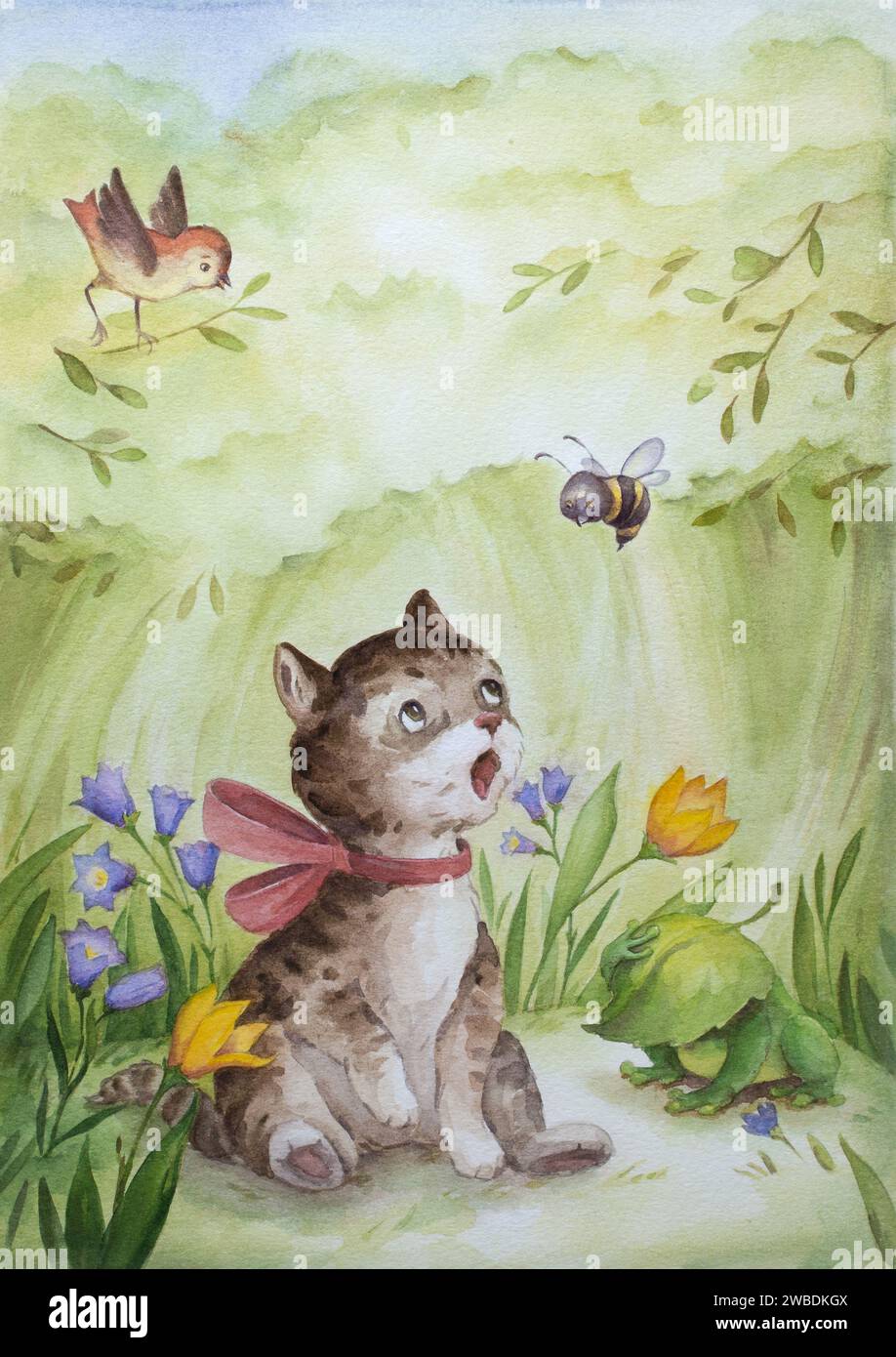 Illustrazione dei piccoli gattini timidi e carini. Acquerello dipinto a mano. Little Animal Garden Art Print. Arte murale stampabile per vivai Foto Stock