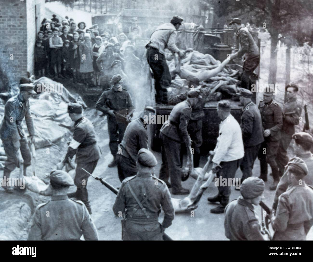 I soldati britannici DEL CAMPO DI CONCENTRAMENTO DI BERGEN-BELSEN guardano come ufficiali e soldati del campo sono costretti a disporre di cadaveri dopo la liberazione del campo il 15 maggio 1945 Foto Stock