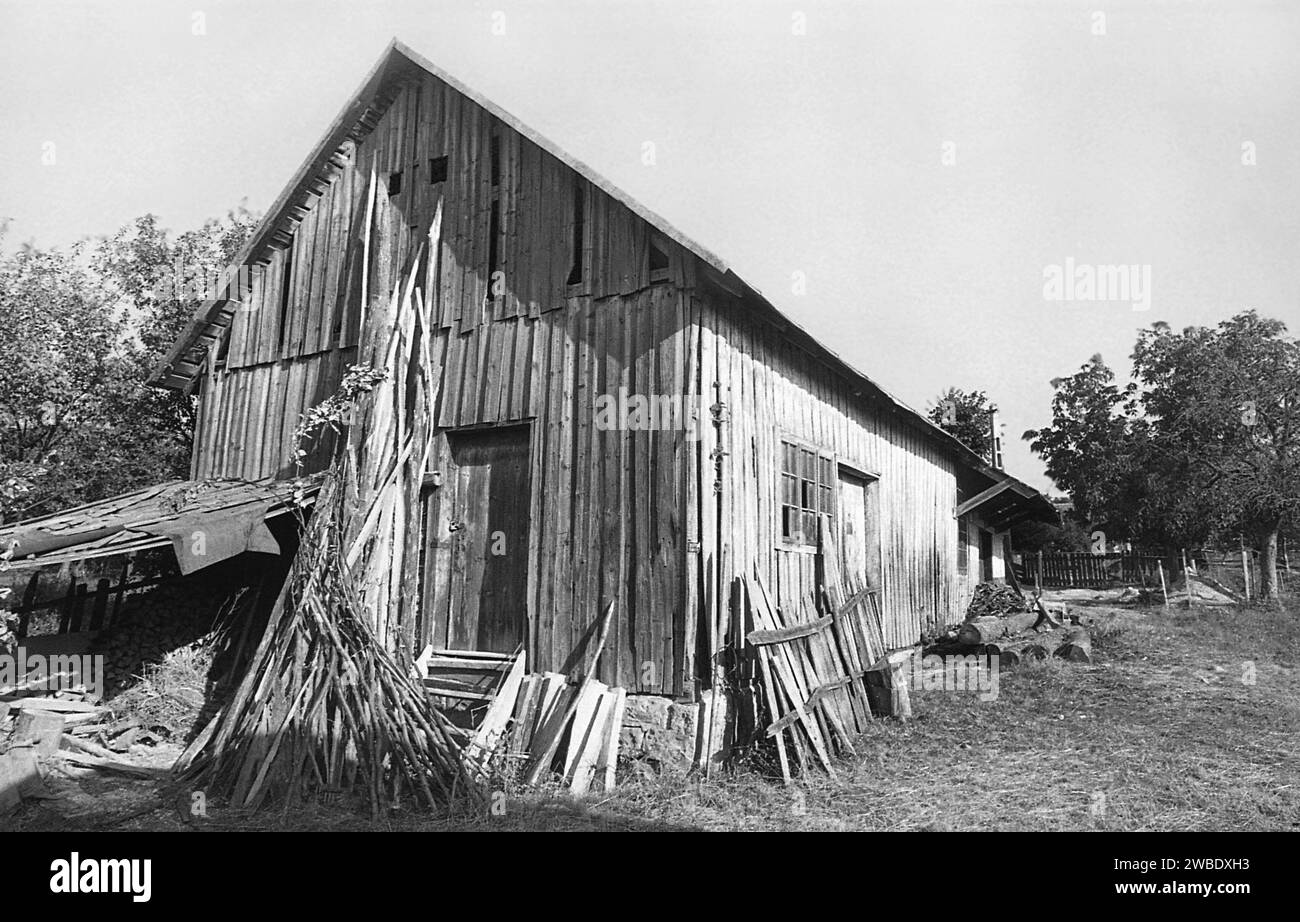 Un capannone di legno su una proprietà rurale nella contea di Vrancea, Romania, circa 1992 Foto Stock