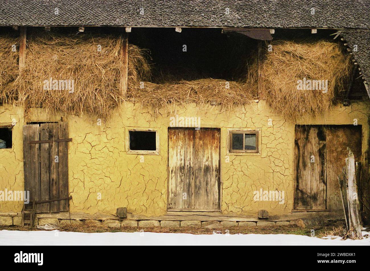 Fienile con fienile nella contea di Vrancea, Romania, circa 1999. Foto Stock