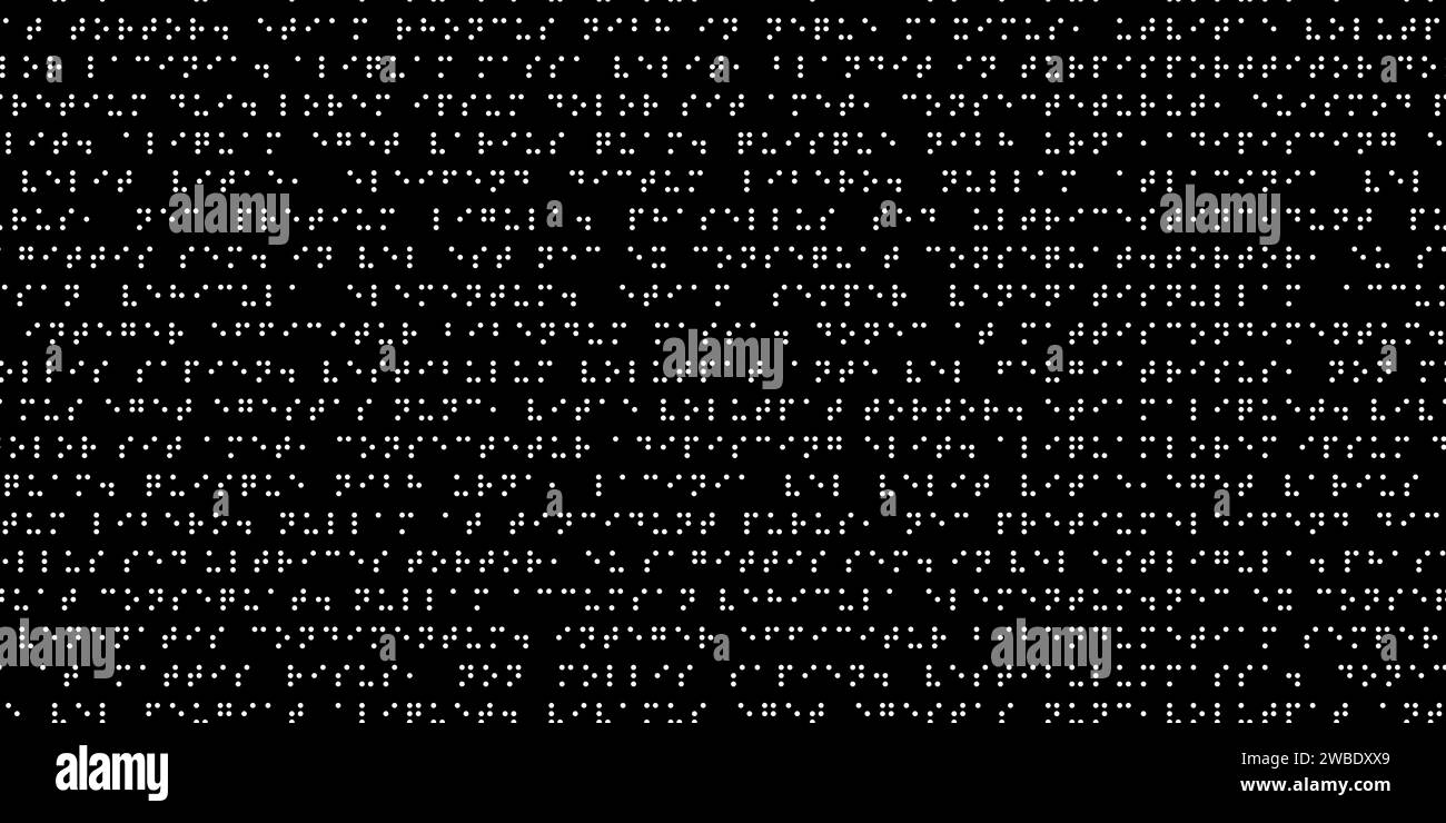 Trama dei fori rotondi del testo braille su sfondo nero. Sequenza di simboli di codice senza interruzioni. Alfabeto internazionale per i ciechi. Illustrazione Vettoriale