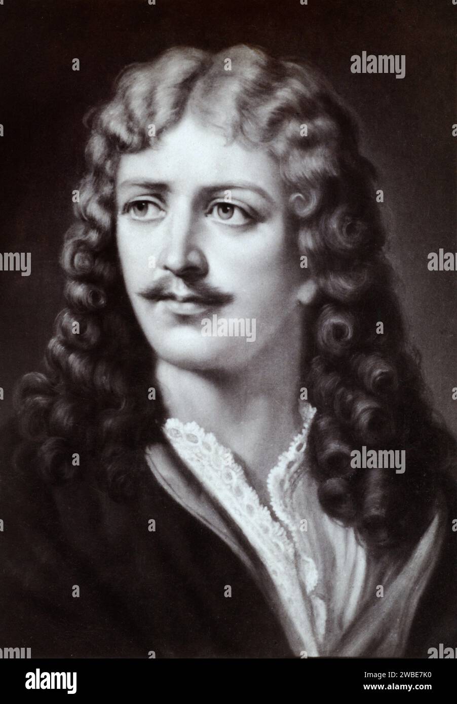 Ritratto di Molière o Jean-Baptiste Poquelin (1622-1673) drammaturgo francese. Immagine vintage o storica in bianco e nero o monocromatica. Foto Stock
