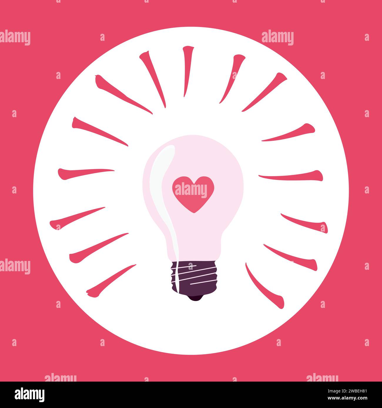Lampadina con cuore all'interno, Vector Sticker. Illustrazione piatta isolata o cartone animato. San Valentino ed elemento di design romantico. Grafica f Illustrazione Vettoriale