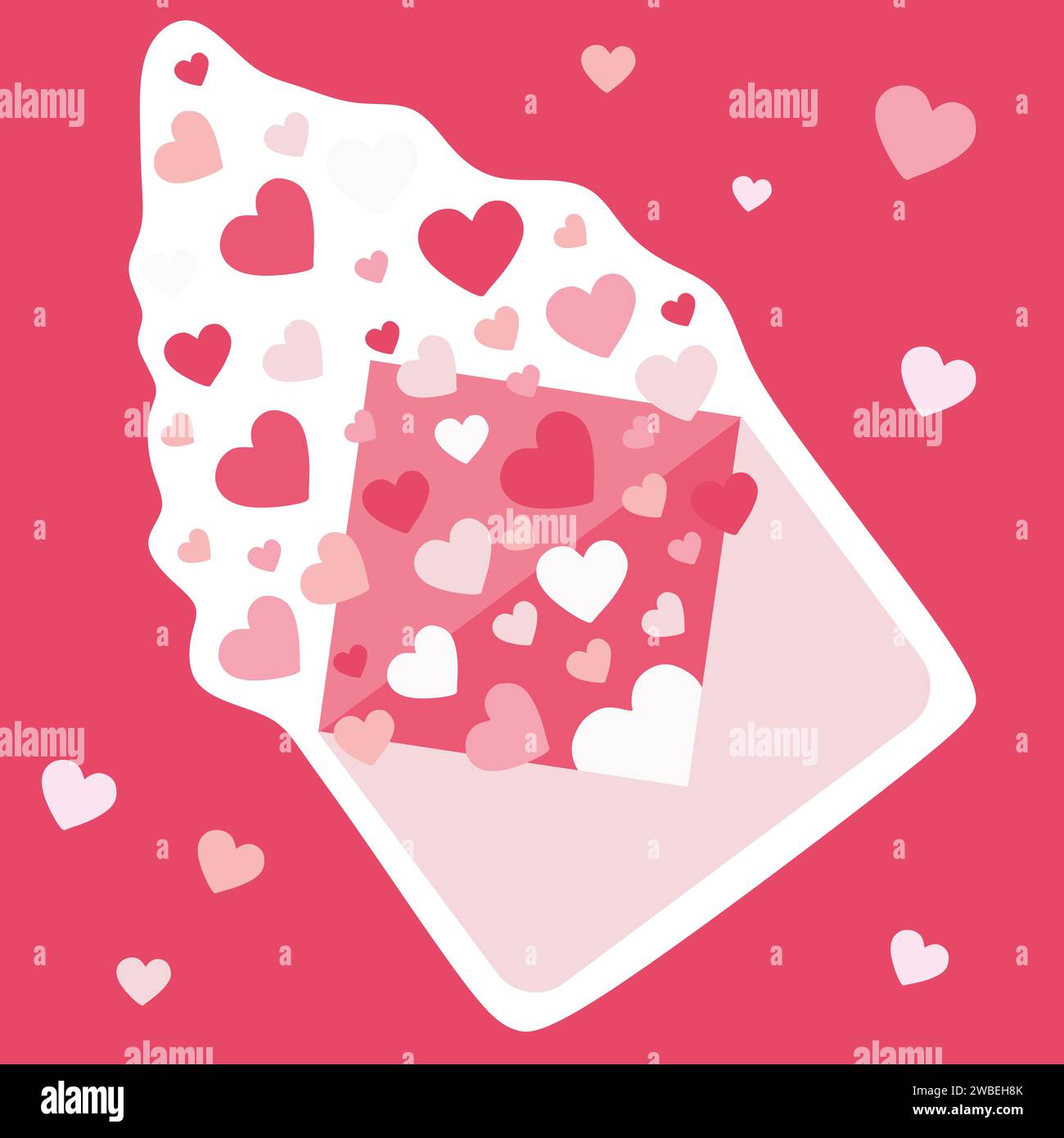 Sii il mio biglietto d'auguri di San Valentino Vector. Lettera d'amore con cuori volanti su sfondo rosa. Illustrazione del messaggio di San Valentino per poster, Stti. Stampabile Illustrazione Vettoriale