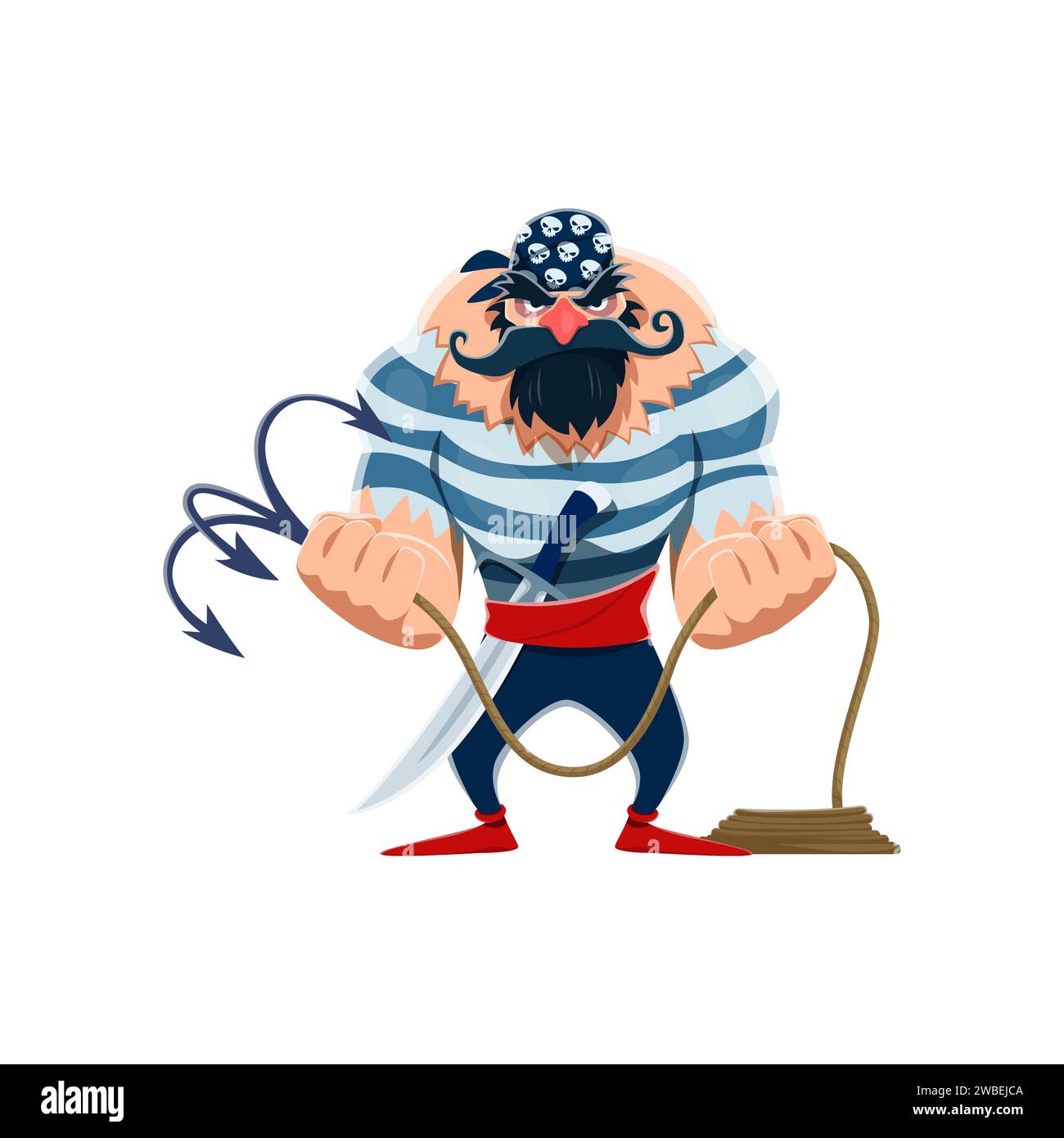 Personaggio pirata dei cartoni animati con un minaccioso volto barbuto brandisce un rampino, pronto per l'avventura in alto mare. Vettoriale isolato, avventuroso buccaneer in giubbotto e bandana Illustrazione Vettoriale