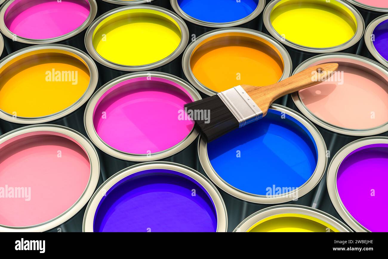 lattine di vernice colorata e pennello. sfondo rendering 3d. Foto Stock
