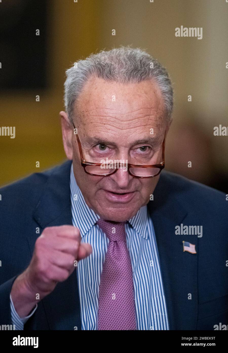 Washington, Stati Uniti d'America. 9 gennaio 2024. Il leader della maggioranza del Senato degli Stati Uniti Chuck Schumer (Democratico di New York) offre osservazioni durante la conferenza stampa del pranzo della politica democratica del Senato nel corridoio dell'orologio dell'Ohio al Campidoglio degli Stati Uniti a Washington, DC, martedì 9 gennaio 2024. Credito: Rod Lamkey/CNP/Sipa USA credito: SIPA USA/Alamy Live News Foto Stock