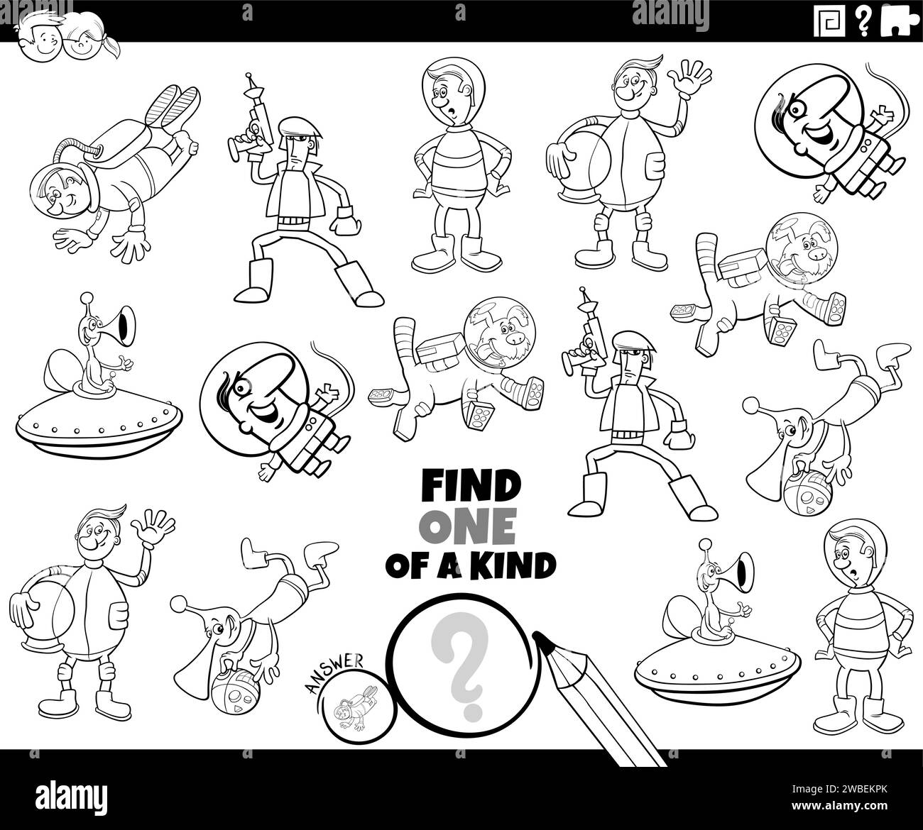 Illustrazione di cartoni animati che mostra come trovare un'attività didattica unica nel suo genere con la pagina da colorare di uomini spaziali e alieni Illustrazione Vettoriale