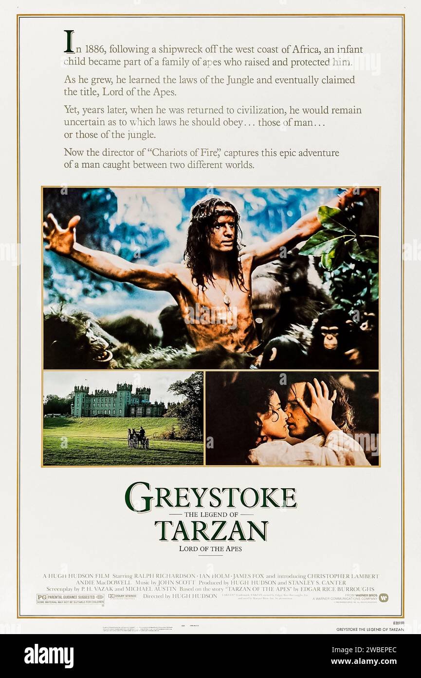 Greystoke: The Legend of Tarzan, Lord of the Apes (1984) diretto da Hugh Hudson e interpretato da Christopher Lambert, Andie MacDowell e Ralph Richardson. Un erede scomparso della rispettabile famiglia scozzese, cresciuto nelle giungle africane dagli animali, finalmente torna nella sua tenuta solo per rendersi conto che la differenza tra i due mondi è davvero significativa. Fotografia di un poster originale statunitense del 1984 a un foglio. ***SOLO USO EDITORIALE*** credito: BFA / Warner Bros Foto Stock
