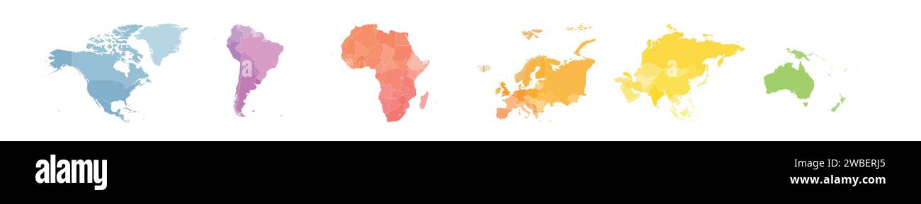 Set di sei mappe continentali del mondo in una fila: Nord America, Sud America, Africa, Europa, Asia e Australia. Mappa vettoriale piatta con etichette dei nomi dei paesi Illustrazione Vettoriale
