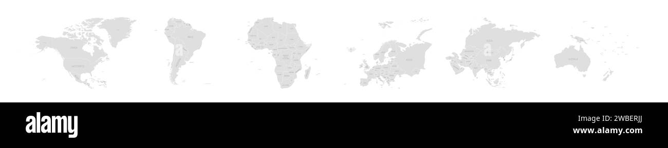 Set di sei mappe continentali del mondo in una fila: Nord America, Sud America, Africa, Europa, Asia e Australia. Mappa vettoriale grigia piatta con etichette dei nomi dei paesi Illustrazione Vettoriale