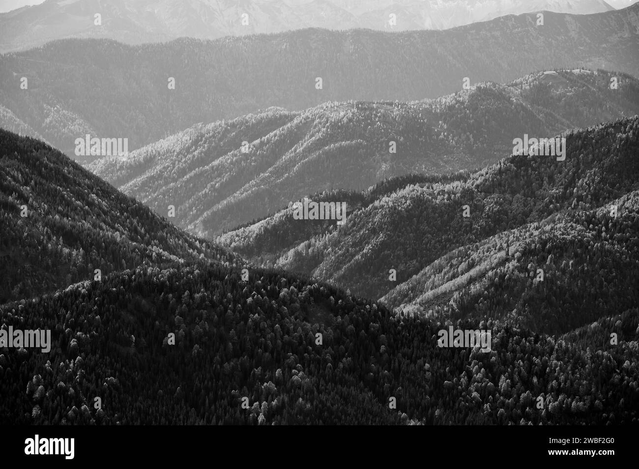 Dolci colline delle montagne della Mangfall, vista dal Rotwand, Spitzingsee, montagne della Mangfall, Prealpi bavaresi, alta Baviera, Baviera, Germania Foto Stock