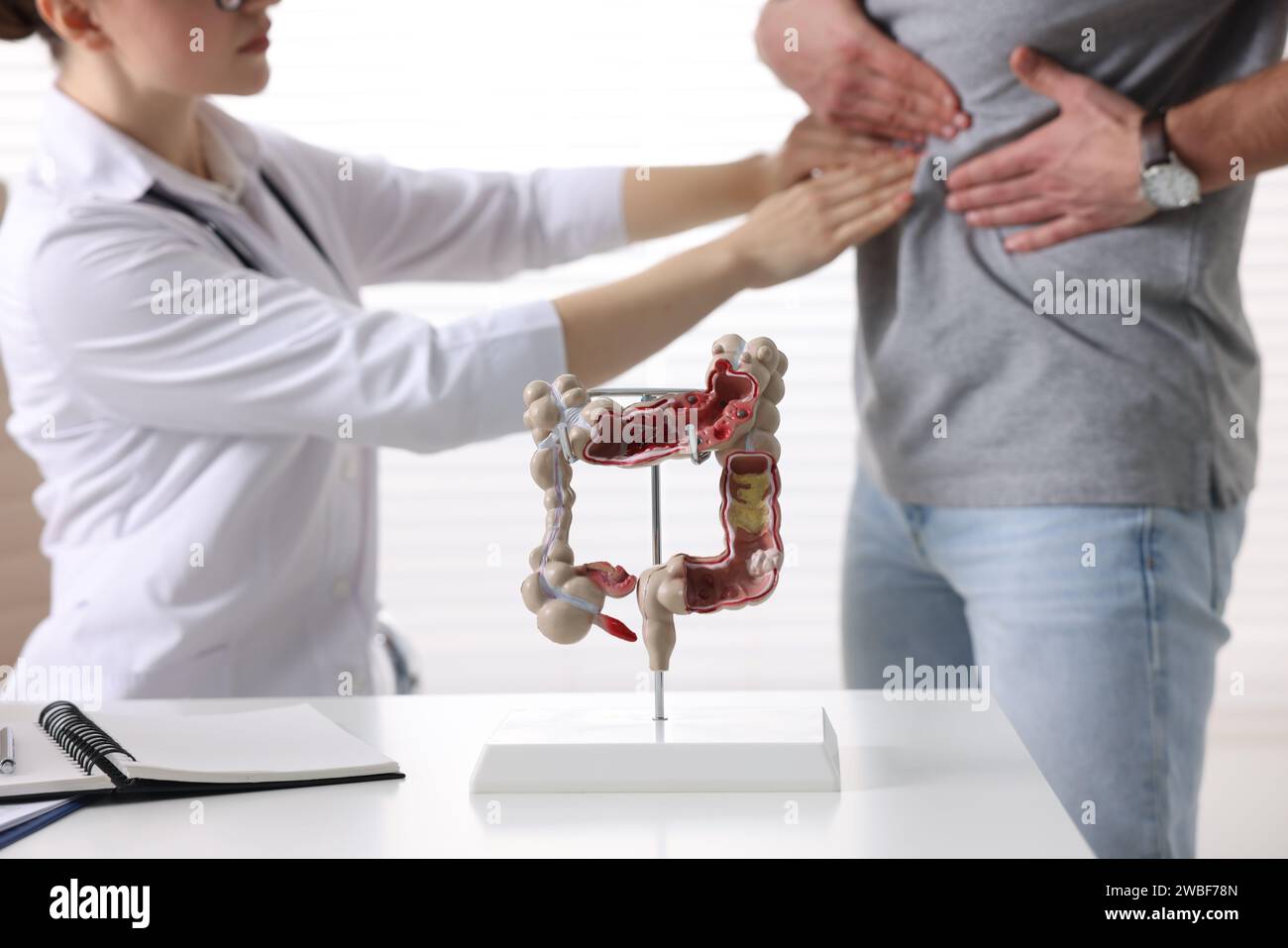 Gastroenterologo che esamina il paziente con mal di stomaco all'interno, si concentra sul modello anatomico dell'intestino crasso Foto Stock