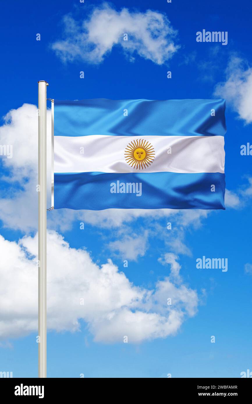 La bandiera dell'Argentina. La capitale è Buenos Aires. La moneta nazionale è il peso argentino. L'Argentina è una repubblica federale, studio Foto Stock