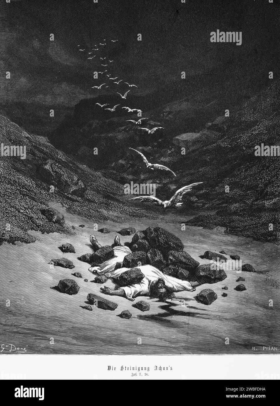 La lapidazione dell'Israelita Achan, Libro di Giosuè, capitolo 7, lapidazione, uccisione, morte, pietre, paesaggio montano, stormo di uccelli, volo, Bibbia Foto Stock