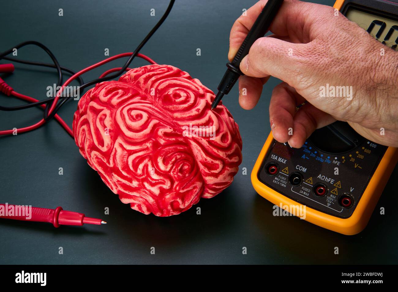 Mano dell'uomo che collega gli elettrodi a un cervello umano rosso finto su sfondo verde scuro. Foto Stock