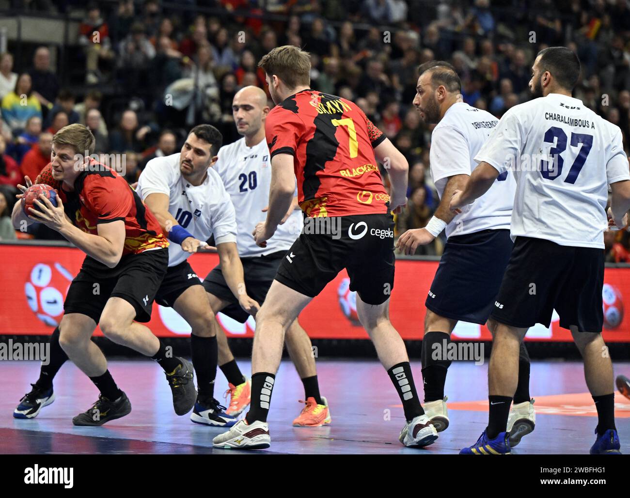 Hasselt, Belgio. 10 gennaio 2024. Il belga Joris Gille raffigurato in azione durante una partita tra la nazionale belga "Red Wolves" e Cipro, mercoledì 10 gennaio 2024, ad Hasselt, una partita del round promozionale per il Campionato europeo maschile EHF Euro 2026 2026. BELGA PHOTO ERIC LALMAND Credit: Belga News Agency/Alamy Live News Foto Stock